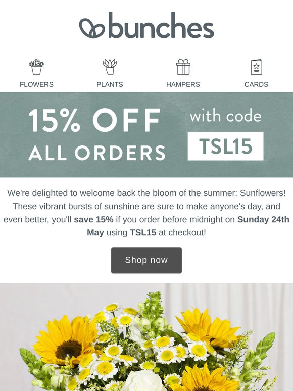 Send a ray of sunshine and save 15% on Sunflower bouquets 🌻