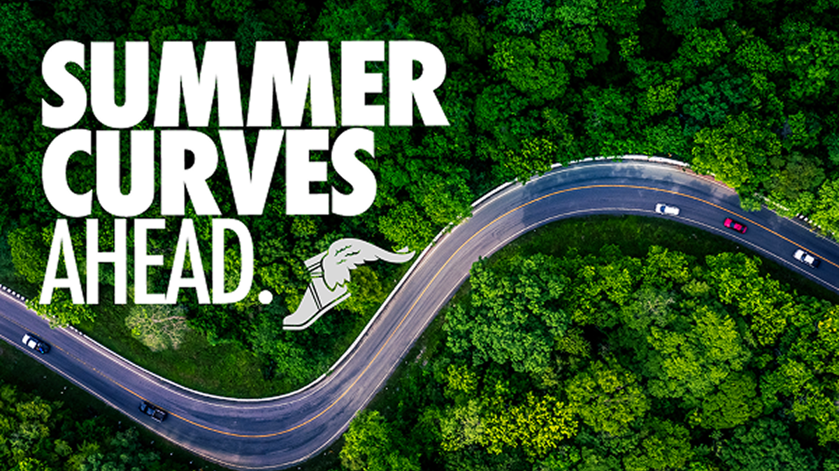 Summer curves ahead | Arial shot of cars driving down a 2 lane road surrounded by trees