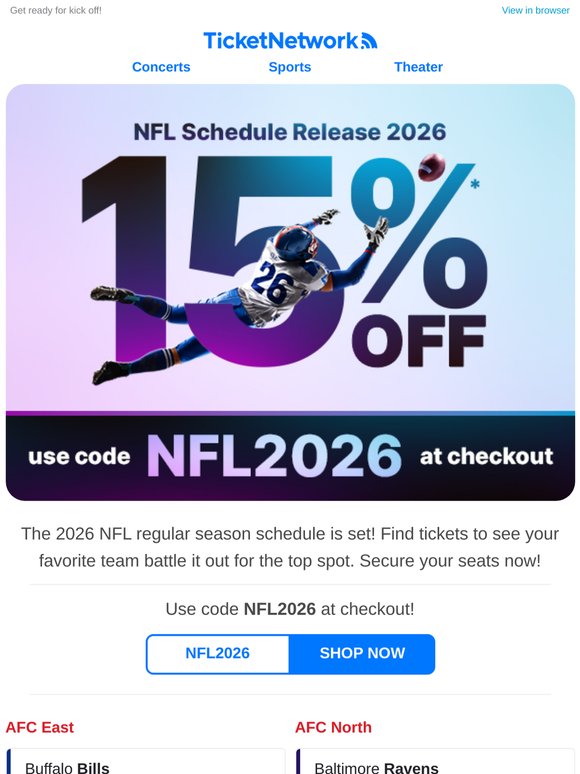 🏈 15% off on all NFL tickets
