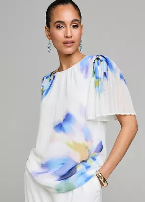 Kaleidoscope Blue Floral Print Pleated Sleeve Blouse