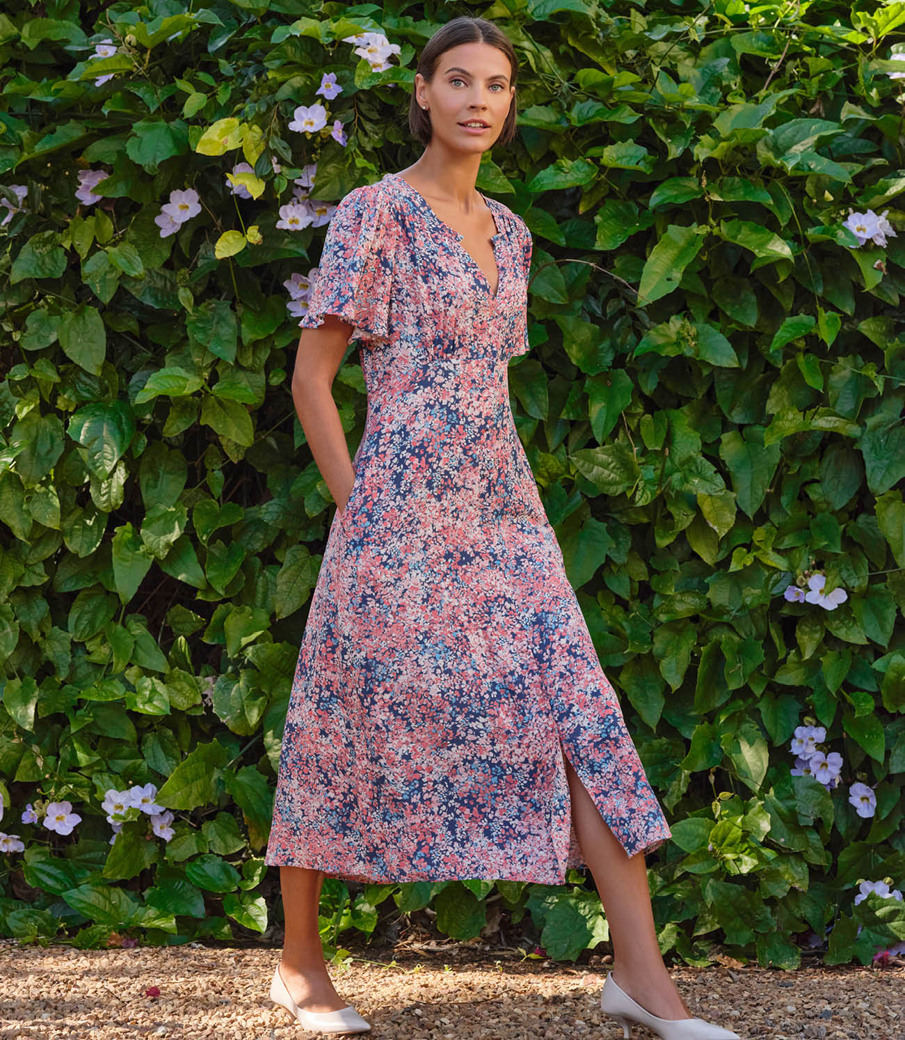 Button Through Flutter Sleeve Dress
