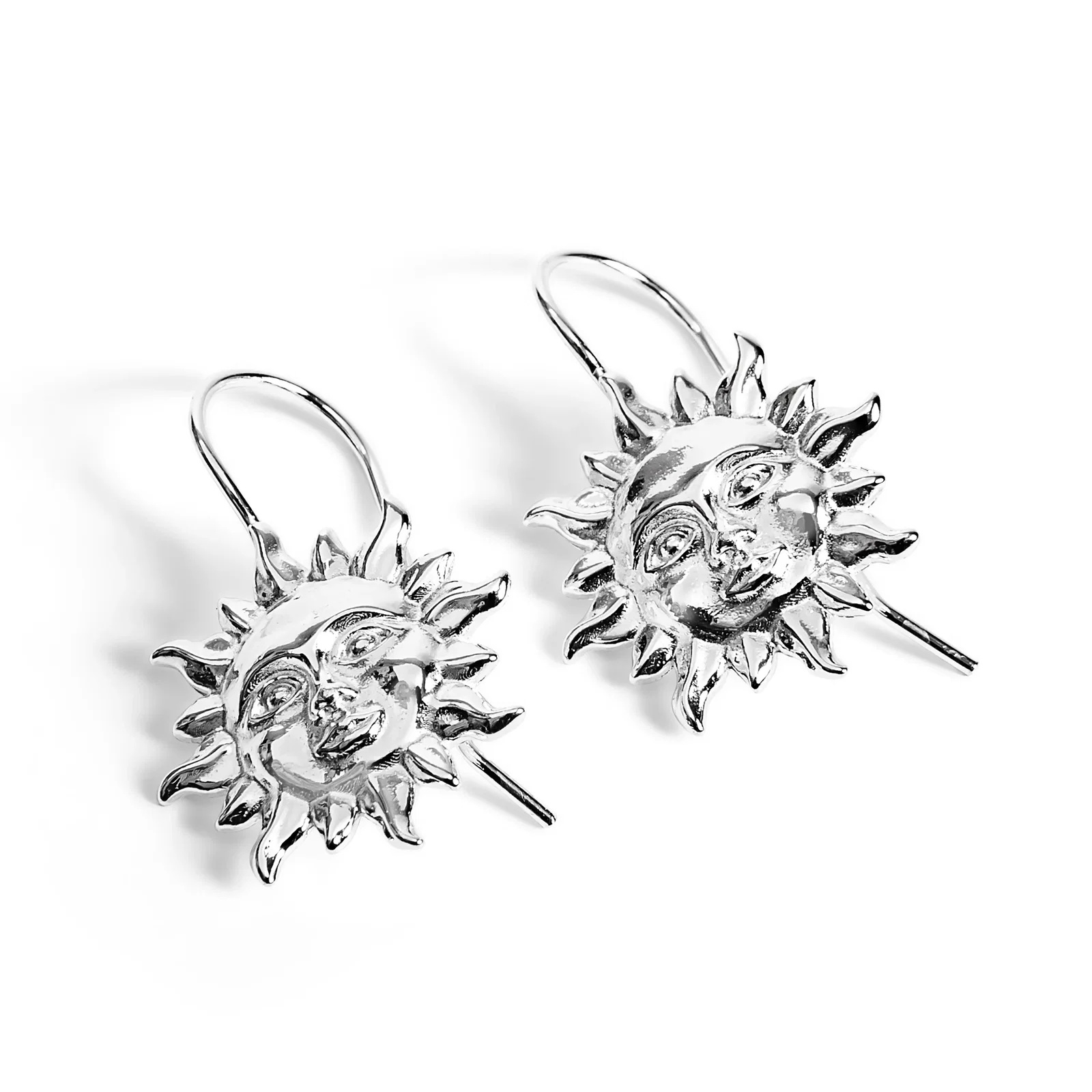 Image of 'Sun of May' Sun Face Hook Earrings in Silver