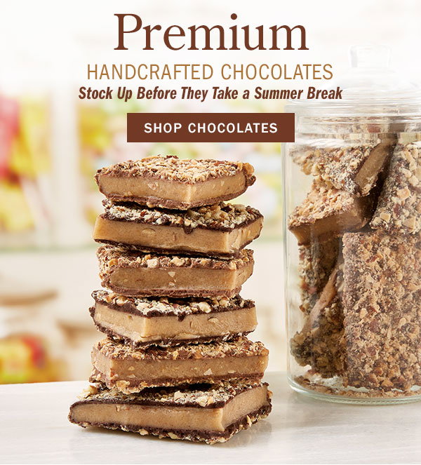Premium Handcrafted Chocolates Stock Up Before They Take a Summer Break. Shop Chocolates. Jumbo Chocolate Almond Buttercrunch, 10 Oz. Box