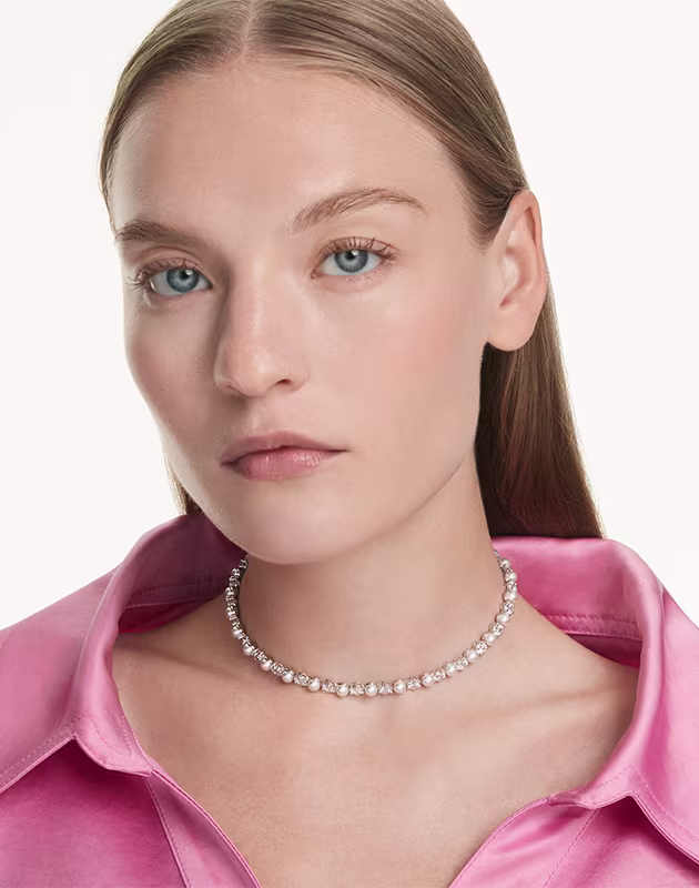 Collier Matrix Tennis, Crystal Pearl, Taille ronde, Blanc, Métal rhodié