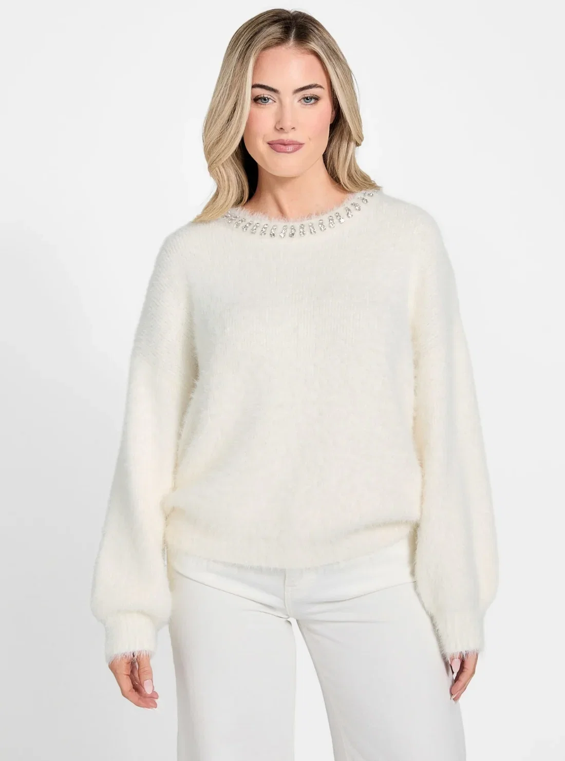 Image of White Arisa Rhinestone Neck Sweater