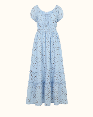 Polka Dot Puff Sleeve Midi Dress Blue
