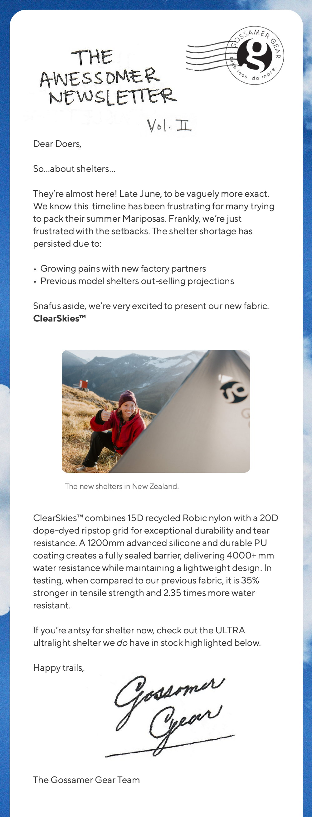 Letter from Gossamer Gear