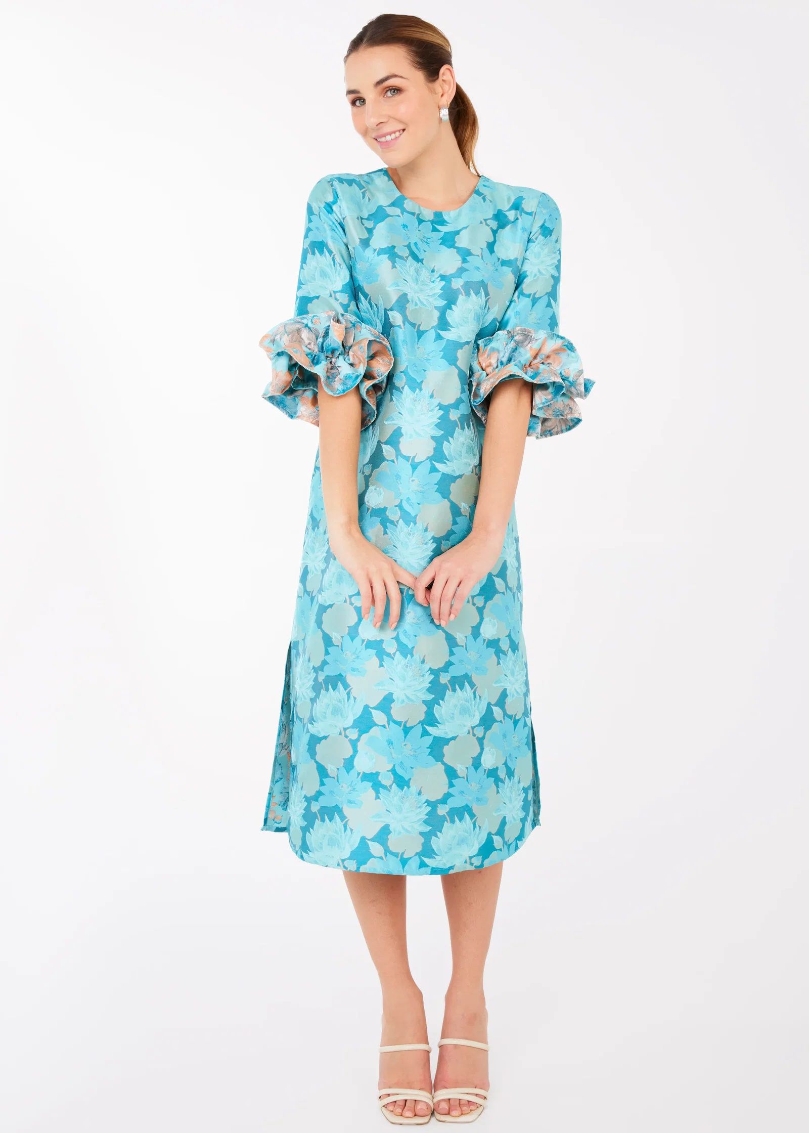 Image of Bronwyn Dress Aqua Floral Silhouette Jacquard