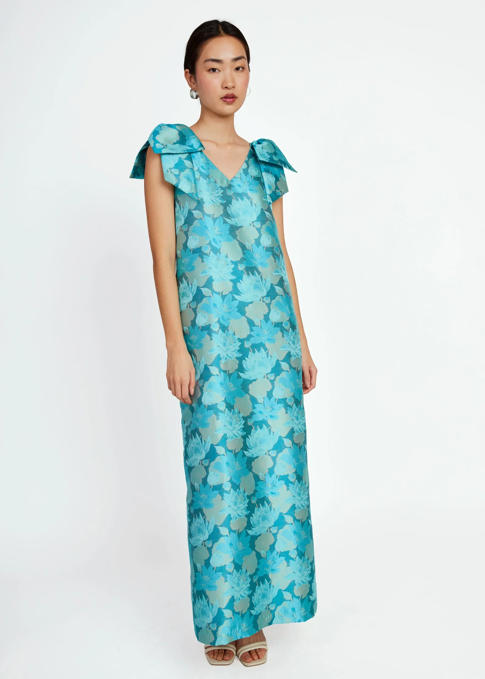 Image of Meredith Gown Aqua Floral Silhouette Jacquard