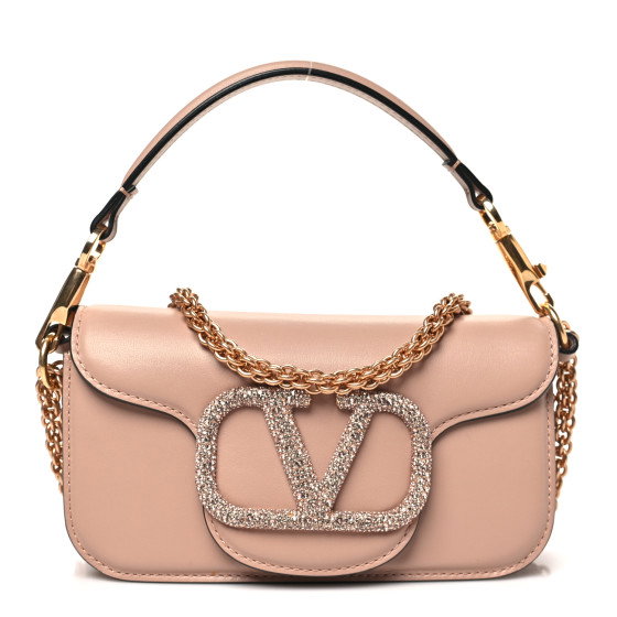 VALENTINO GARAVANI Calfskin Crystal Vlogo Small Loco Shoulder Bag Rose Cannelle