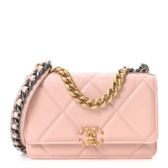 CHANEL Lambskin Quilted Chanel 19 Wallet On Chain WOC Light Pink