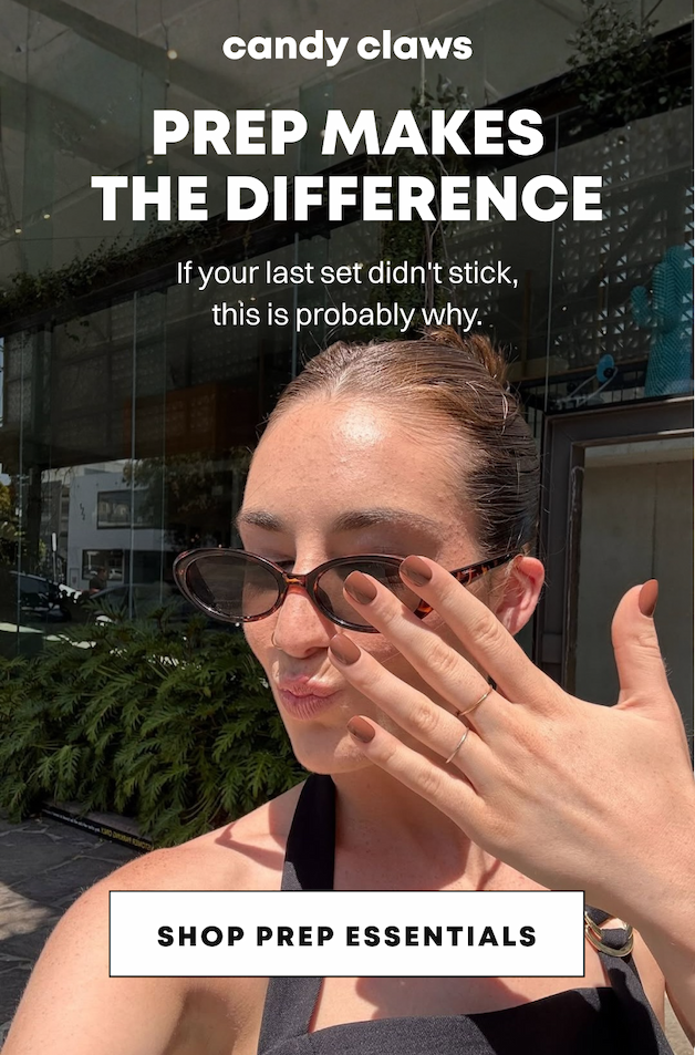 Woman showing burgundy press-on nails with text about nail prep making the difference
