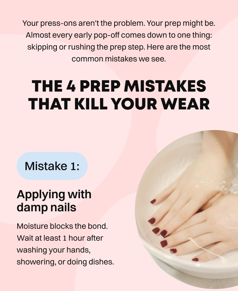 Pink background with text about common prep mistakes and hands soaking in white bowl