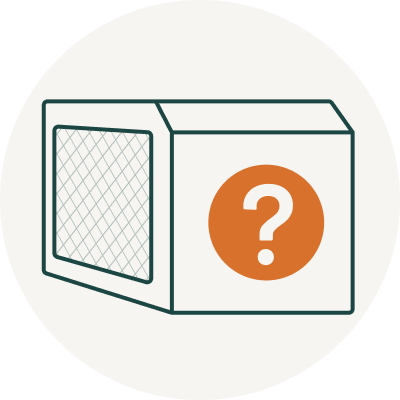 Line drawing of a dehumidifier with a question mark on the front