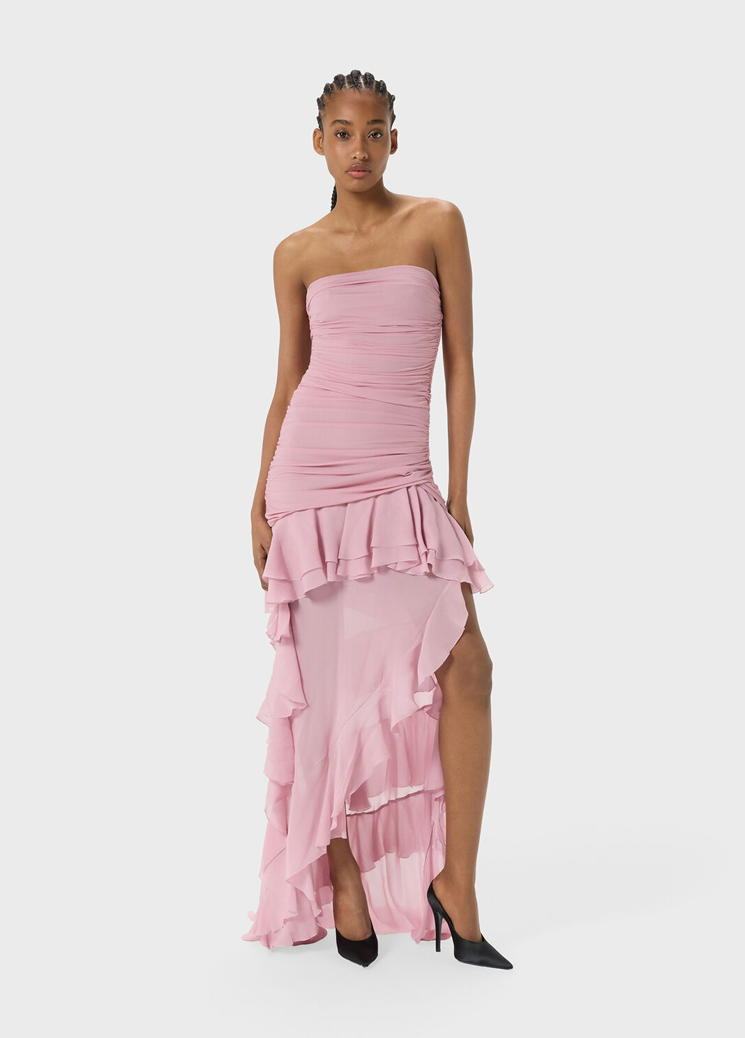 Asymmetrical georgette and jersey dress with gathering and ruffles