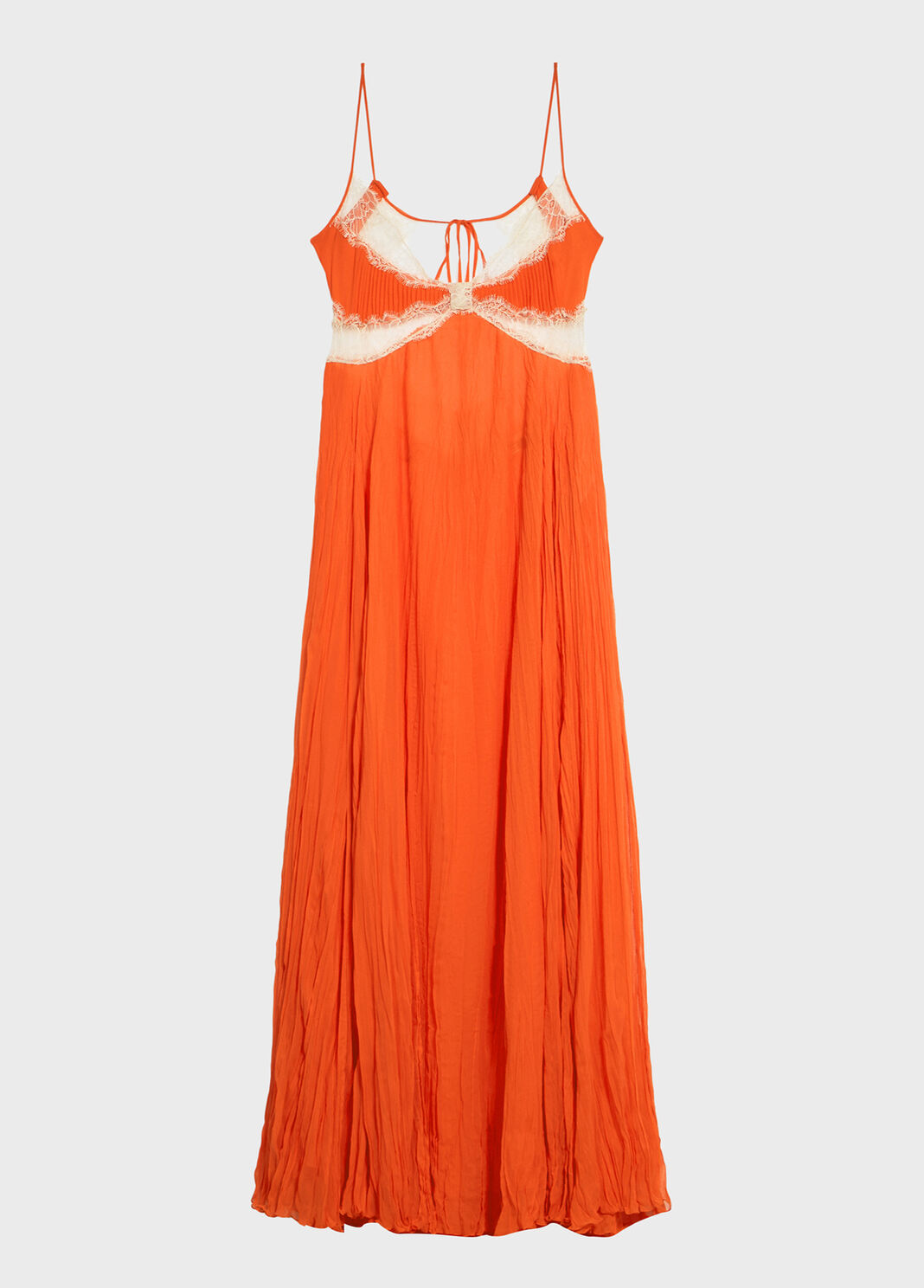 Long pleated georgette dress with lace inserts