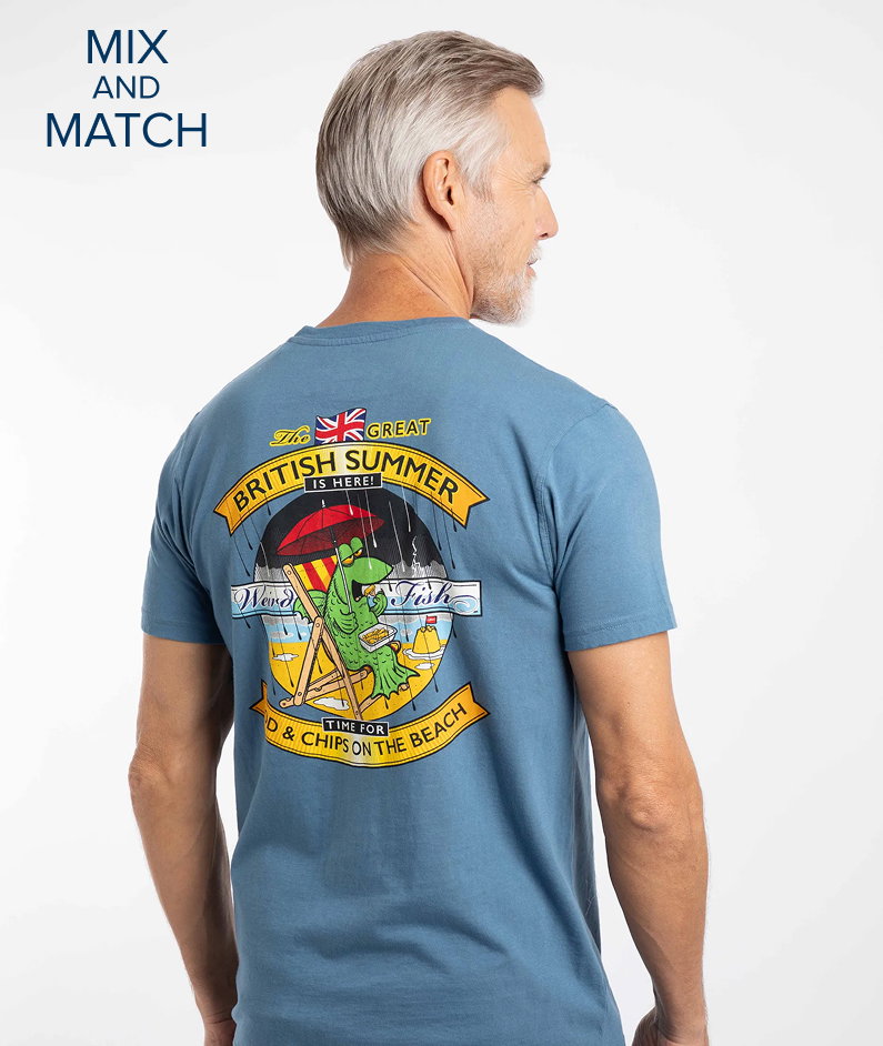 Cod and Chips Back Print Artist T-Shirt Washed Blue