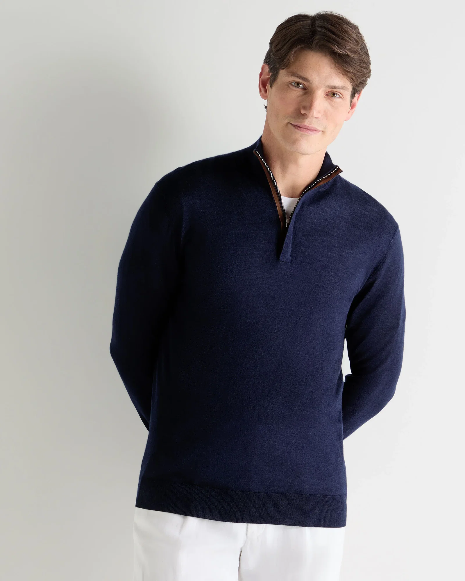 Image of Men's Regent Fine Gauge Cashmere Half Zip Jumper Summer Navy Blue