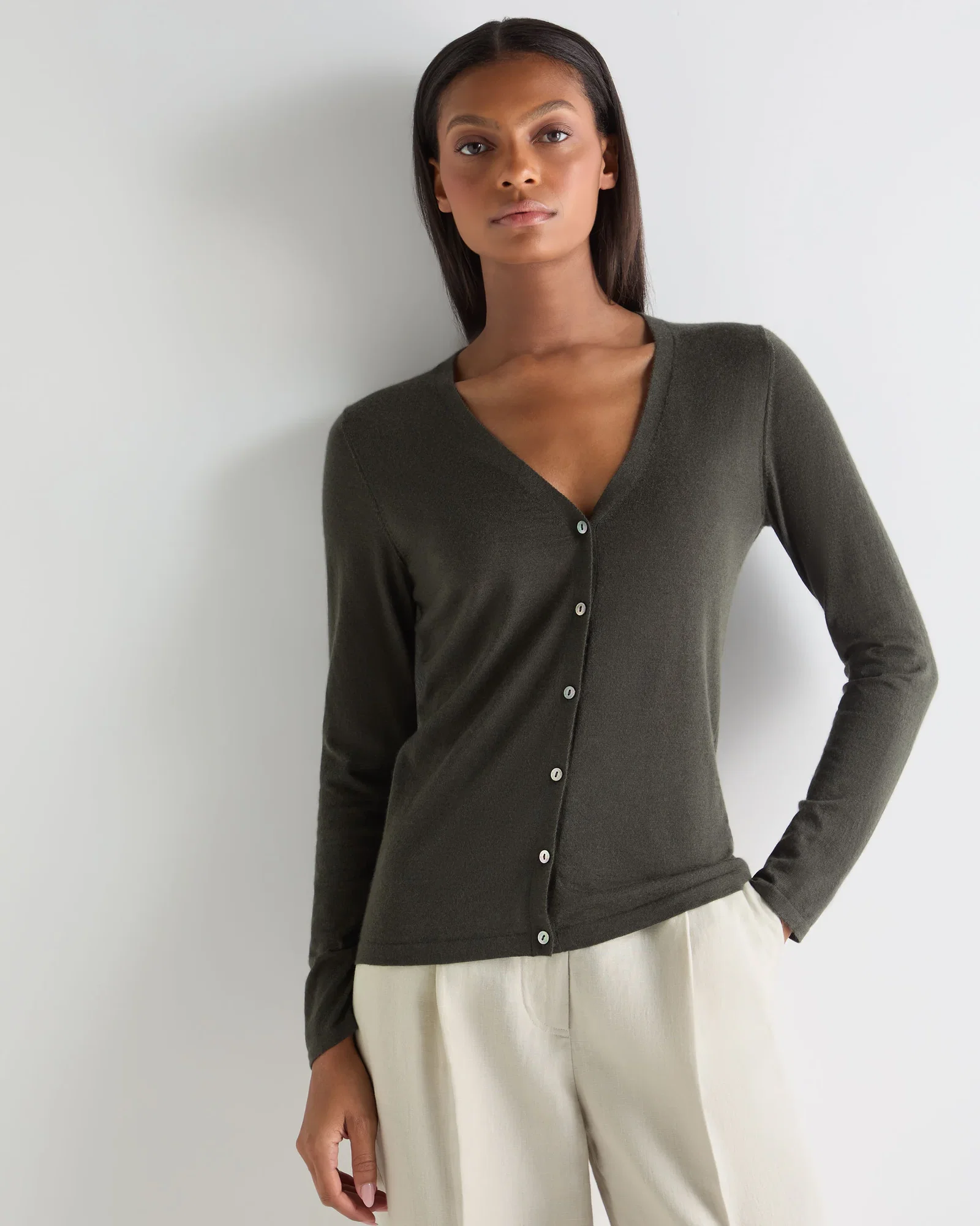 Image of Women's Mia Superfine Cashmere V Neck Cardigan Arabica Khaki Green