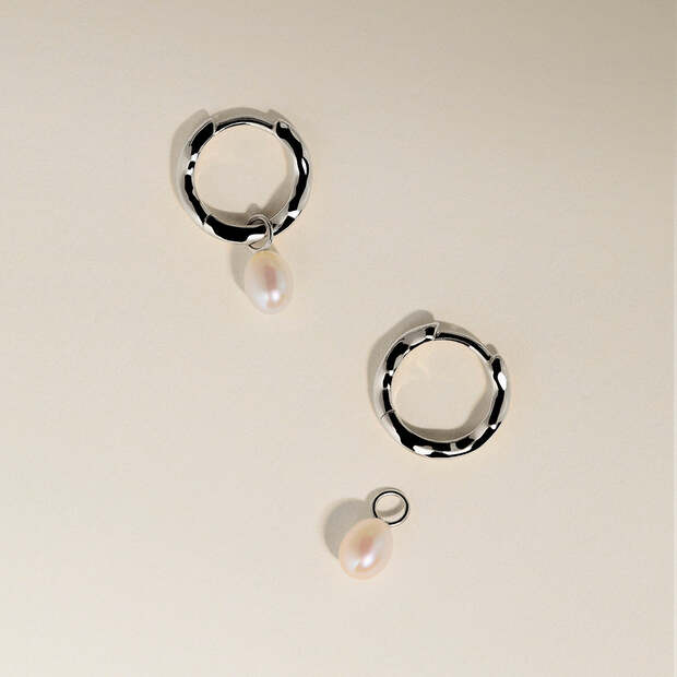 Scalloped Pearl Charm Huggies in Solid White Gold