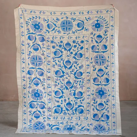 Vintage White & Blue Floral Embroidered Quilt