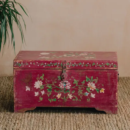 Vintage Dark Red Floral Painted Storage Box