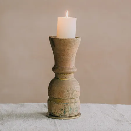 Vintage Teak Wooden Pillar Candle Holder - V