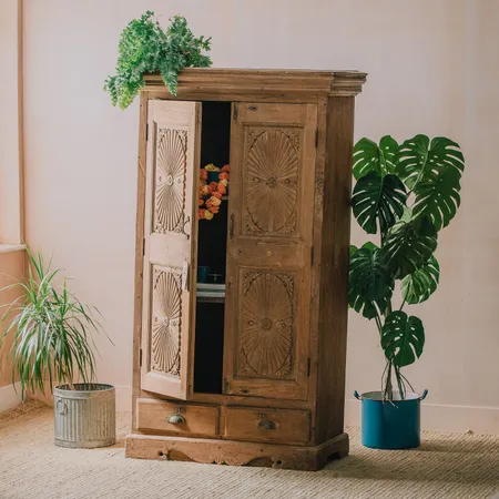 Vintage Carved Panelled Door Teak Wood Cabinet