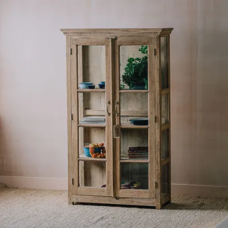 Vintage Teak Wood Glass Panelled Display Cabinet