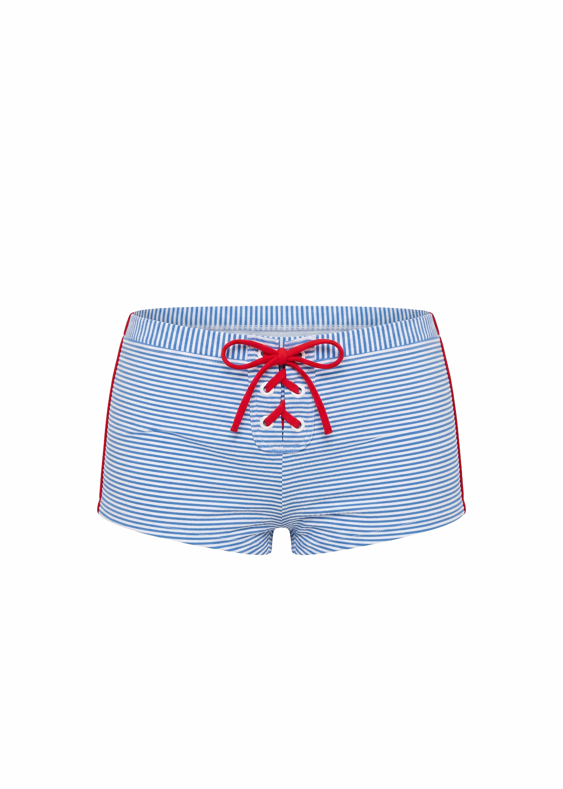 Blue striped short with red tie