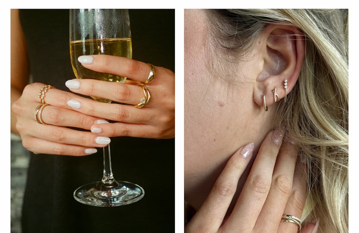 Bottom left: Close-up of a hand wearing stacked gold rings holding a champagne flute. Bottom right: Close-up of an ear with gold huggie and stud earrings, with a hand wearing a gold ring resting on the cheek.