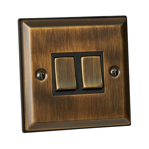 Double Switch with Metal Rocker & Stepped Edge - Antique Brass