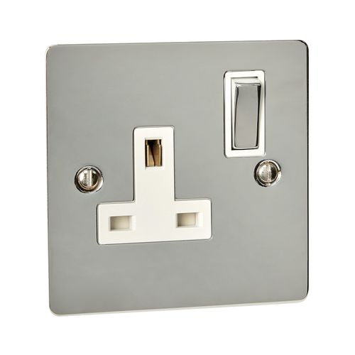 Single 13A Socket with Metal Rocker & Flat Plate - Chrome