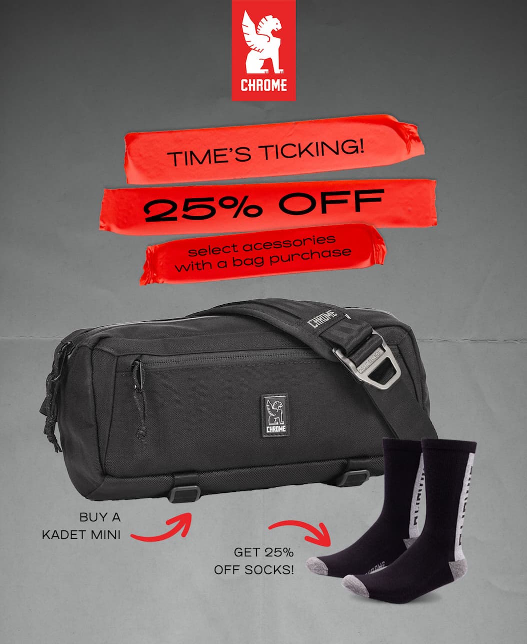 A Mini Kadet 5L Sling and a pair of Chrome Socks with the Gear Up Deal