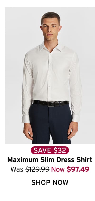 White slim fit dress shirt made from premium two-ply cotton with spread collar, long sleeves, button front closure, and tailored modern formal fit.