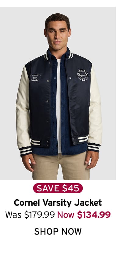 Navy varsity jacket with snap closure and ribbed trims.