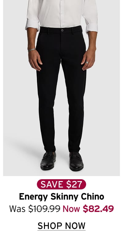 Men’s black Energy hyper stretch skinny chinos featuring a close skinny fit, stretch fabric for comfort and mobility.