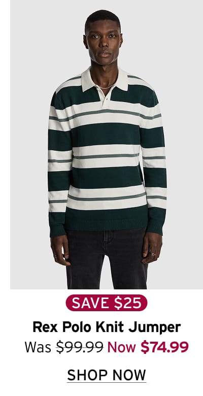 Off-white knit rugby jumper with polo collar, long sleeves, textured cotton fabric, and relaxed fit for a casual layered look.