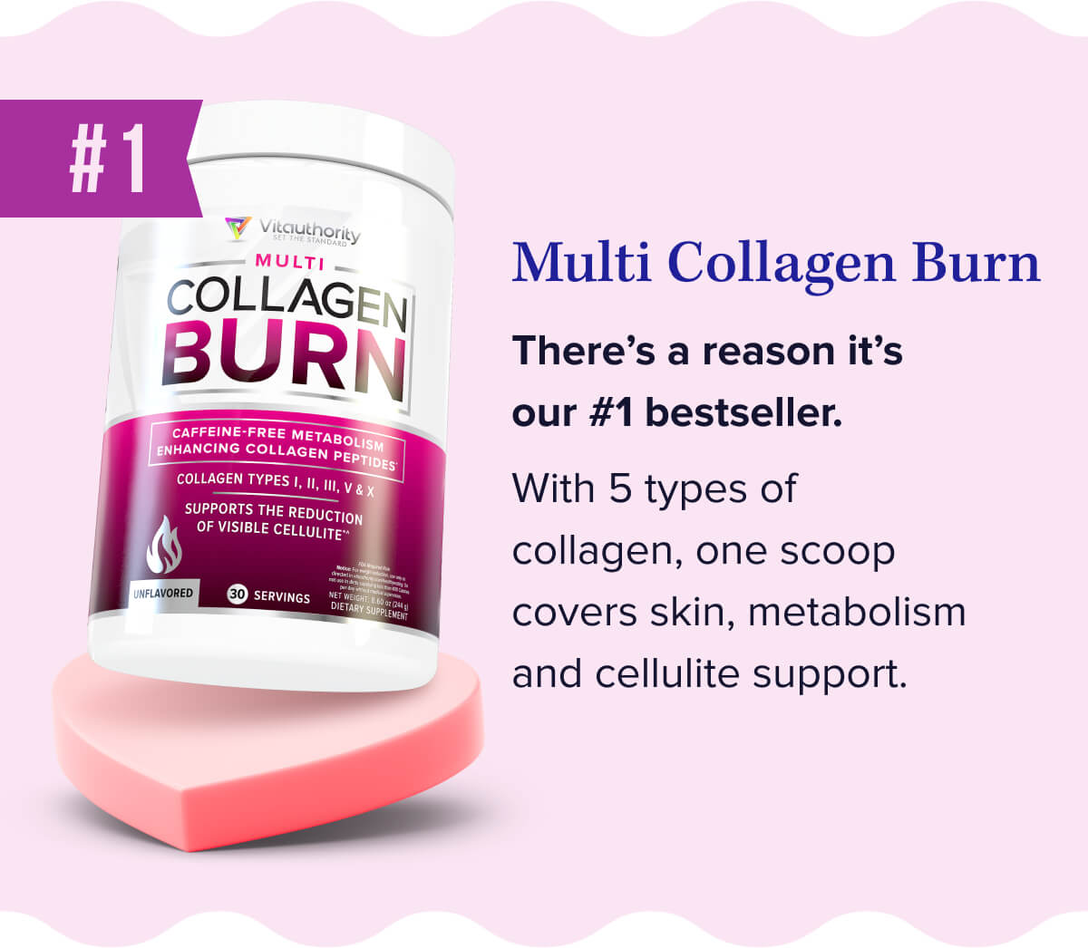 #1 Multi Collagen Burn   There’s a reason it’s our #1 bestseller.   With 5 types of collagen, one scoop covers skin, metabolism and cellulite support. 
