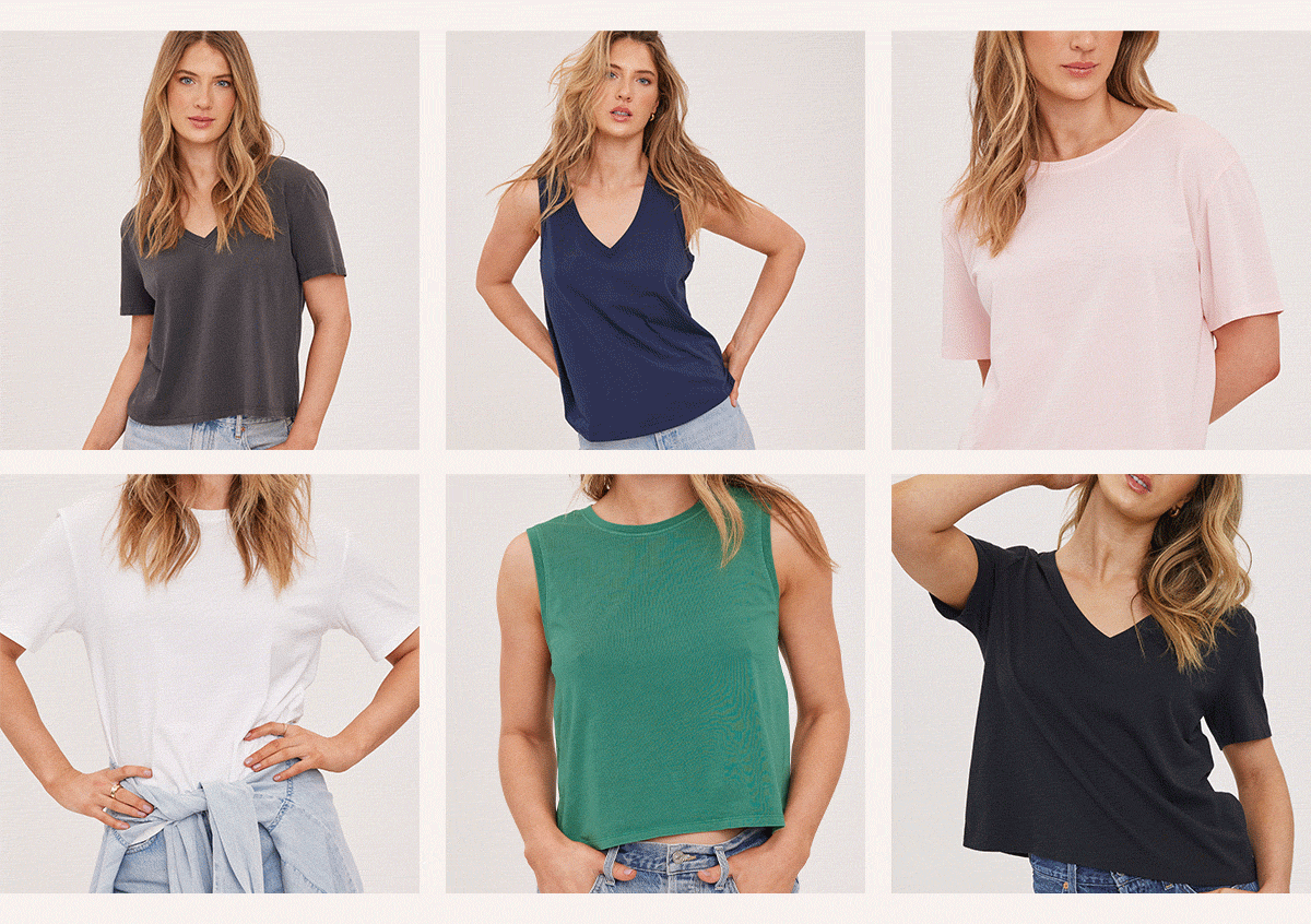 Grid collage of models wearing casual tops in various colors and styles, including tanks, tees, and sleeveless silhouettes from Gentle Fawn's Icon Series 