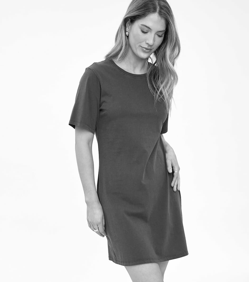Model wearing a relaxed short-sleeve CINDY t-shirt dress in a dark neutral tone against a light background.