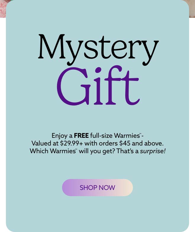 A blue text card. Shop Mystery Gift.