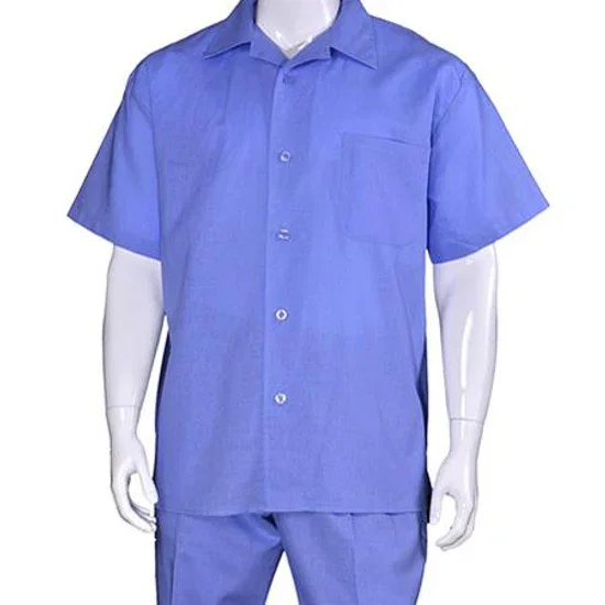 Men's Plain Short Sleeve Blue Linen Casual Casual Two Piece Mens Walking Outfit For Sale Pant Sets Suit With Pleated Pant - Mens Linen Suit