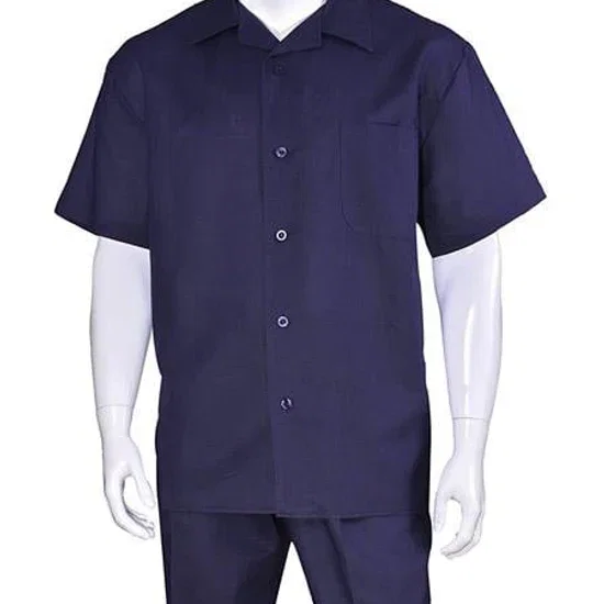 Men's Dark Navy 100% Linen Short Sleeve Plain Casual Casual Two Piece Mens Walking Outfit For Sale Pant Sets Suit With Pleated Pant - Mens Linen Suit