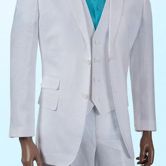 Men'S 3pc Linen Suit Ticket Pocket Summer Linen Suits Outfit Vest And Pants White