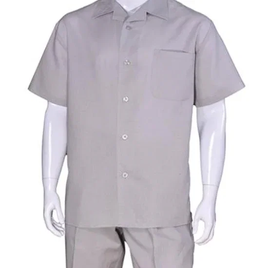 Men's Short Sleeve Linen Plain Gray Casual Casual Two Piece Mens Walking Outfit For Sale Pant Sets Suit With Pleated Pant - Mens Linen Suit