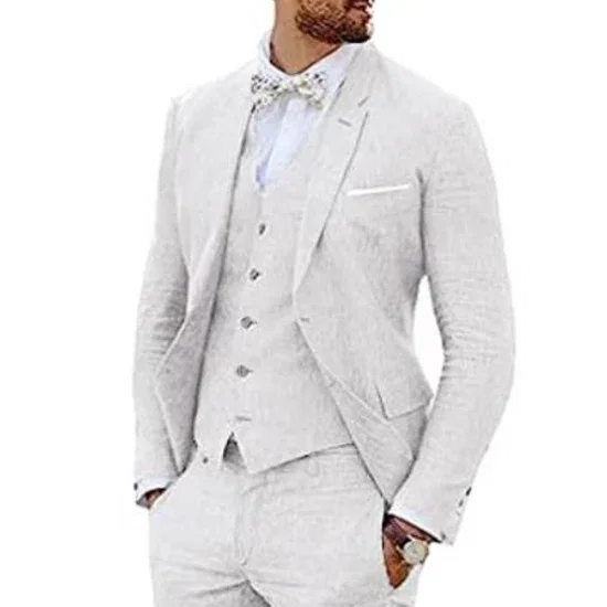 3 Piece Linen Suit - White Mens Suit - Vested summer Suit