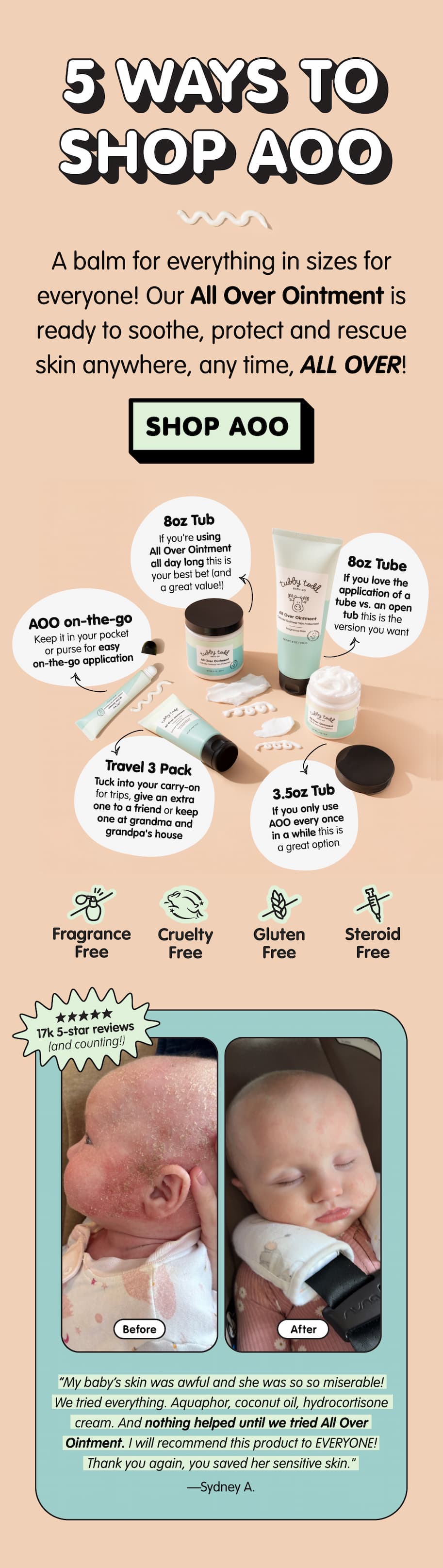 Graphic titled “5 Ways to Shop AOO” featuring Tubby Todd All Over Ointment in multiple sizes and formats, including an on-the-go applicator, travel 3-pack, 3.5oz tub, 8oz tub, and 8oz tube. Text highlights that the balm soothes, protects, and rescues skin anywhere, anytime. Icons note the formula is fragrance free, cruelty free, gluten free, and steroid free. A before-and-after customer photo shows dramatic improvement in a baby’s dry, irritated skin alongside a testimonial praising All Over Ointment for helping when nothing else worked.