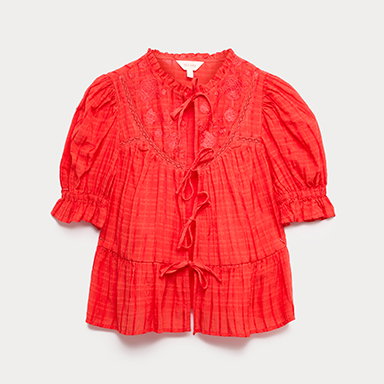 Cotton Rich Embroidered Yoke Tie Neck Blouse in Bright Orange