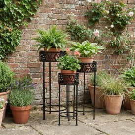 Set of 3 Black Round Cut-Out Metal Leaf Garden Planters - Indoor or Outdoor Plant Pot Stands
